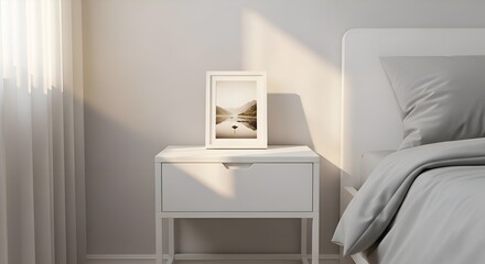 A modern white bedside table, placed neatly in a bedroom