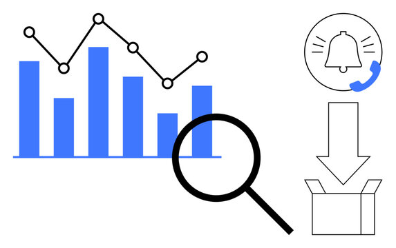 Bar chart with connecting line, magnifying glass for analysis, notification bell, and download box. Ideal for analytics, data tracking, research, notifications, downloads insights and productivity