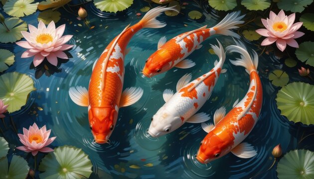 A vibrant digital oil painting of colorful koi fish swimming gracefully in a clear pond surrounded by blooming lotus flowers, water lilies, and soft ripples. The fish are red, white, orange, and golde - Powered by Adobe