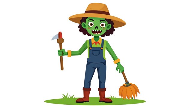Cartoon zombie farmer with tools