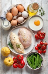 Assortment of fresh ingredients on a white wooden surface including chicken, eggs, tomatoes, peas, squash, milk, and oil displayed in a top-down view