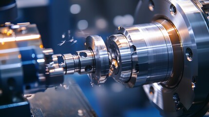 Naklejka premium CNC turning production of shafts for cars factory. Concept machine for cut metal industry, blue color background.