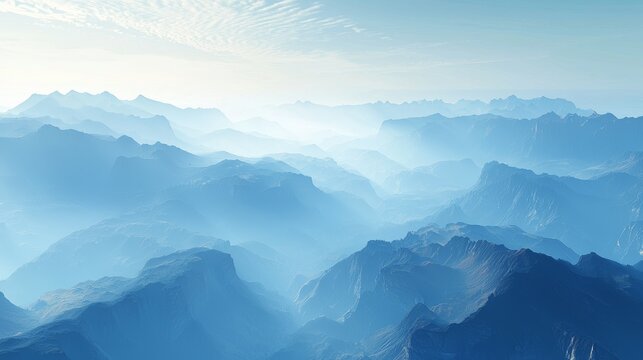 Colorful unreal flight over canyon and mountains in fog 3d illustration