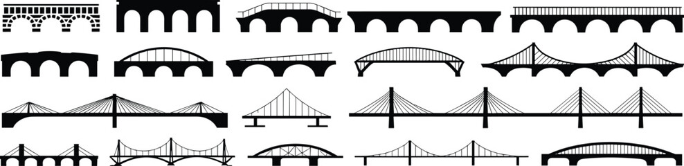 Black silhouette bridge icons set, various bridge types, suspension, arch, cable-stayed, construction symbols, engineering design, architecture, transportation, vector illustration.