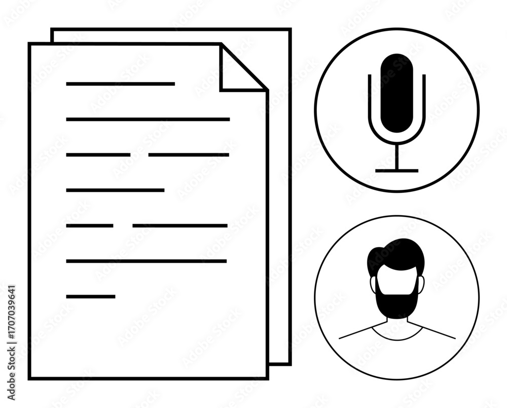 Aufkleber document with text lines alongside a microphone and male avatar in circular frames. ideal for conten