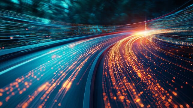 Digital data flow on road with motion blur to create vision of fast speed transfer