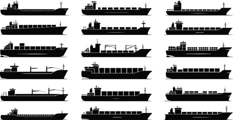 Black silhouette cargo ship icons, container ships, freight vessels, ocean transport, shipping industry, logistics, marine transportation, commercial ships, vector illustration set. © Akaza