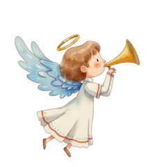 Cartoon angel playing trumpet with wings and halo, concept of New Year and Christmas decorations, traditions  