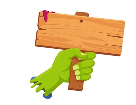 Cartoon zombie hand holding a blank wooden sign