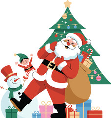 Santa Claus with sack of gifts, cheerful snowman, playful elf, decorated Christmas tree, festive holiday celebration, joyful flat vector illustration