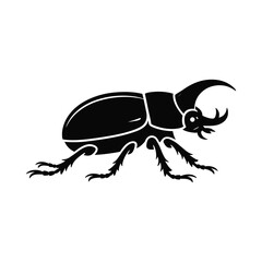 Silhouette of a powerful rhinoceros beetle with prominent horns against a white background