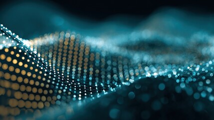 Abstract flowing forms of teal and gold points create a blurred landscape. Depth of field and lighting make this look like a tech rendering