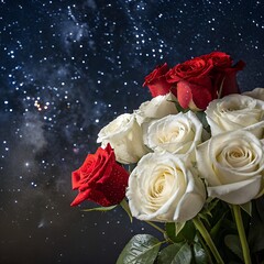 A bunch of fresh white and red roses against a starry night sky background.