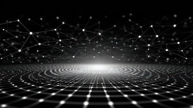 Digital landscape with illuminated points linked by lines hovering above concentric grid circles on a black background