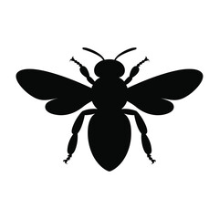 Black silhouette of a bee with spread wings against a white background