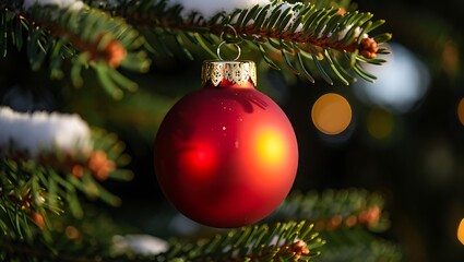 Fototapeta premium Red christmas ornament hanging on snowy fir branch