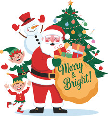 Santa Claus with Merry and Bright sack, cheerful elves, smiling snowman, decorated Christmas tree, festive holiday celebration, joyful flat vector illustration