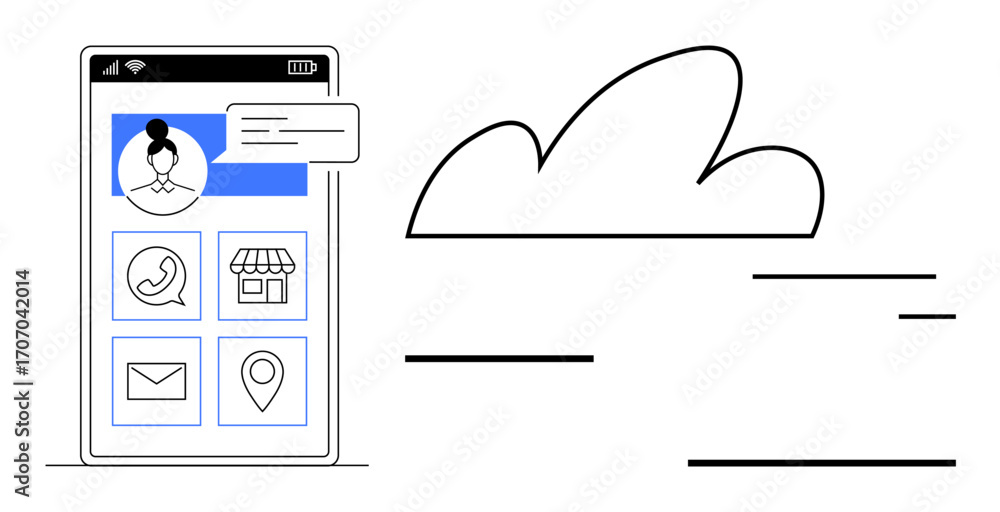 Poster smartphone with user profile, icons for communication, shop, mail, and location, plus cloud graphics