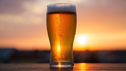 Refreshing beer glass at sunset beautiful golden hour light