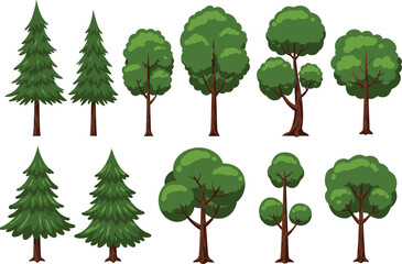Fototapeta premium Cartoon style green trees collection, forest illustration, nature elements, eco-friendly landscape design for outdoor projects, gardening, environment and animation scenes.
