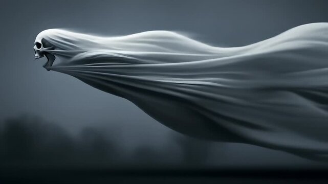 Flying ghost with skull face, ethereal horror figure, scary halloween apparition, creepy fantasy, spectral nightmare, fear, ghost ship, paranormal activity, spooky. 