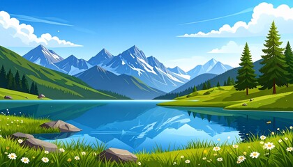 Scenic Landscape Depicting a Serene Mountain Lake Under a Clear Blue Sky