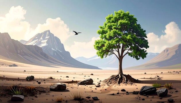 Lush green tree in a desert landscape