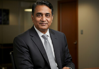 Confident Indian businessman in sharp suit poses for professional portrait in office setting