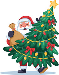 Santa Claus waving with sack of gifts, decorated Christmas tree with ornaments, bows, star topper, festive holiday celebration, flat vector illustration