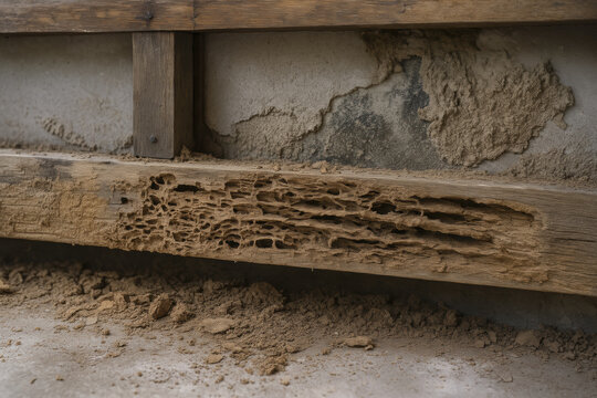 Damaged wooden structure shows extensive termite damage, revealing hollowed out sections and debris. This highlights importance of regular inspections for pest control and home maintenance