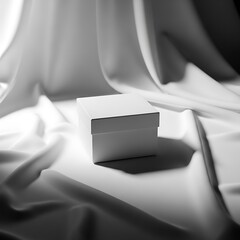 A minimalist presentation of a plain white box resting on a backdrop of flowing white fabric, evoking a sense of elegance and simplicity.