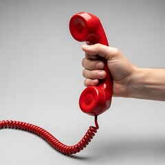 A retro-style red telephone handset is held aloft, displaying a classic communication device.
