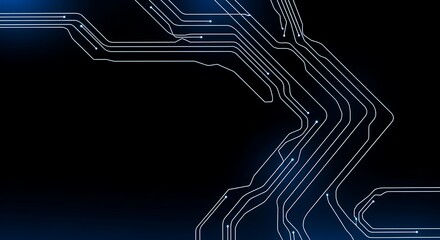 Intricate circuit board lines create a dynamic abstract design against a deep black background.