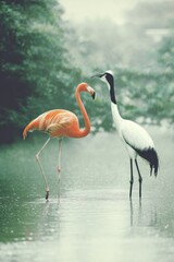 Obraz premium Flamingo and crane in waterfowl