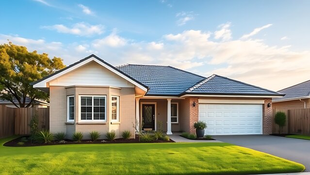 Charming Australian-style suburban home with a manicured lawn, bathed in natural daylight under a soft cloudy sky.