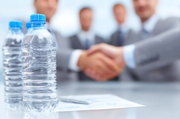 Businessmen close a deal with water on the table. Two bottles and a pen with charts in focus. Blurred handshake and faces in background