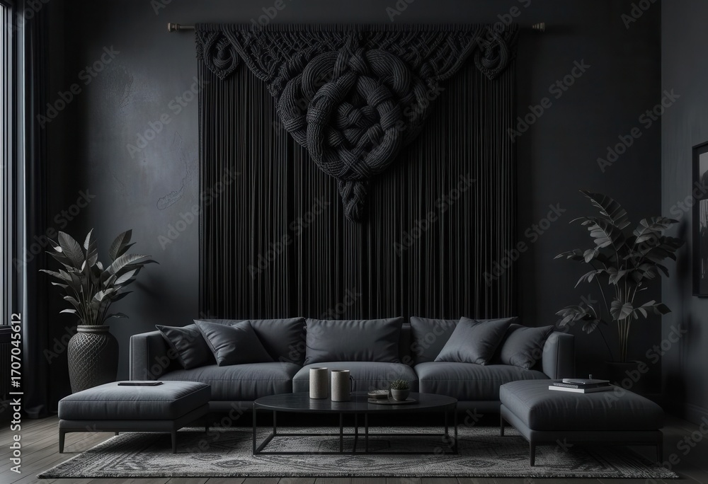 Poster macrame art in a dark aesthetic explore the depth and texture of a large macrame hanging in a sophis