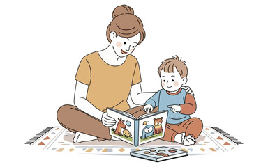 Mother and Child Reading an Illustrated Animal Book Together on a Rug.