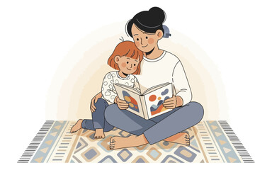 Mother and Daughter Reading Colorful Book on Patterned Rug Illustration.