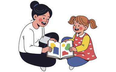 Cartoon Woman and Girl Reading a Book with Abstract Shapes Together.