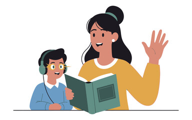Happy Mother and Son Reading Together in Flat Style Illustration.