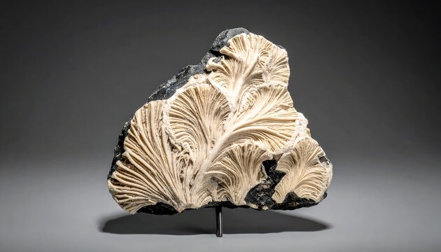 Carved fossil on dark stone