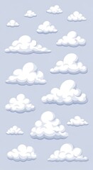 A cheerful, cartoonish depiction of various cumulus clouds against a light periwinkle sky.