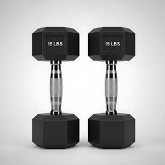Two black octagonal dumbbells, each fifteen pounds, stand against a plain light gray background, displaying a -quality image perfect for fitness equipment catalogs or online product listings.