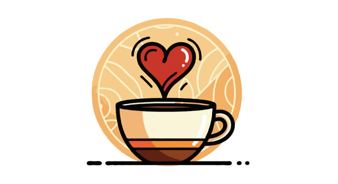 A flat vector illustration of a coffee cup with steam shaped like a heart, cozy warm colors, clean bold outlines, decorative circle background