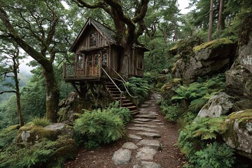 Enchanted Treehouse Nestled Among Ancient Trees and Stones