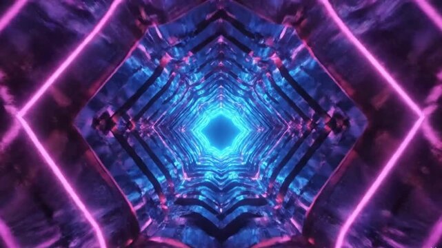 Journey through a cyberspace wormhole with vibrant blue and pink neon rings creating a futuristic and infinite digital light portal background