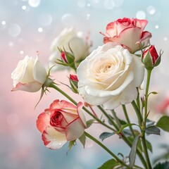 A close-up of fresh white and red roses with a glowing pastel background.