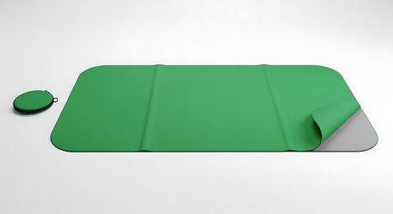 A vibrant, emerald green folding mat is presented alongside a matching, smaller, round carrying case.