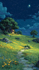 Starry sky, a meadow full of yellow flowers and green grass on the hillside in front of an old house with lights on inside
